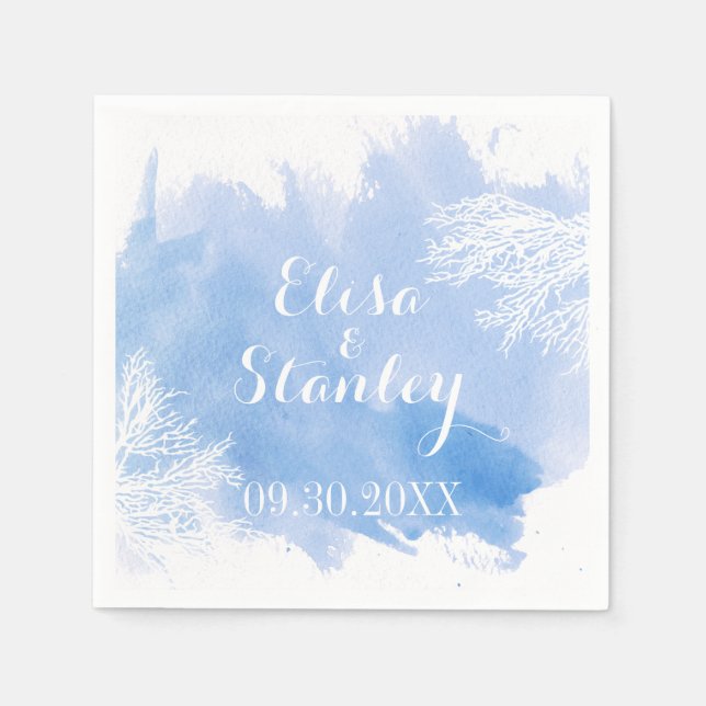 Serviette En Papier Aquarelle splash corail récif bleu mariage (Devant)