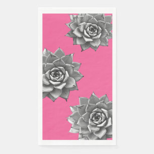Serviette En Papier Aquarelle Succulente Gris sur rose chaud
