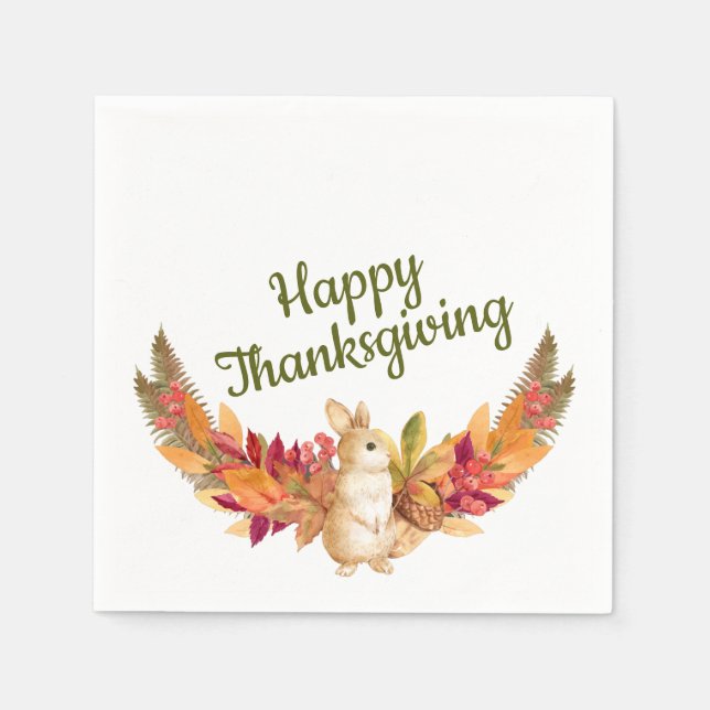 Serviette En Papier Aquarelle Thanksgiving Bunny, Acorns, Berries (Devant)