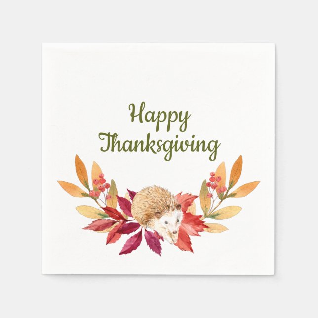 Serviette En Papier Aquarelle Thanksgiving Hérisson, Acorns, Berries (Devant)