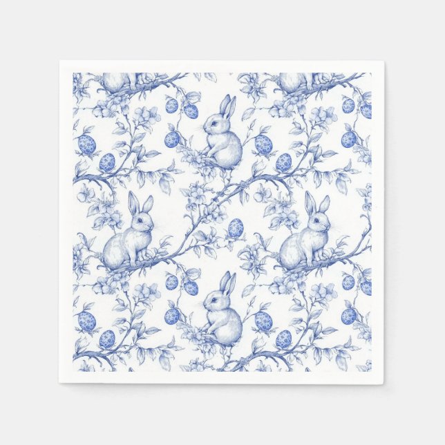 Serviette En Papier Aquarelle Toile De Jouy Bleu Bunny Pâques (Devant)