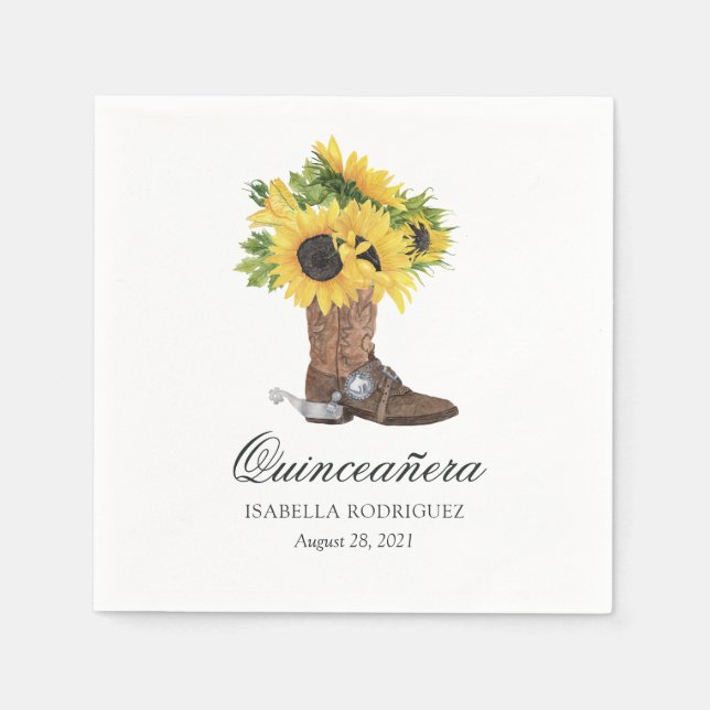 Serviette En Papier Aquarelle Tournesol Rustique Ouest Quinceañera (Devant)