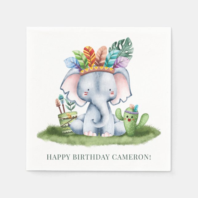 Serviette En Papier Aquarelle Tribal Elephant Safari Joyeux anniversai (Devant)