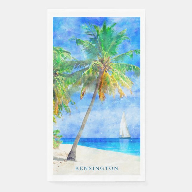 Serviette En Papier Aquarelle Tropical Island Beach Palm Tree (Devant)