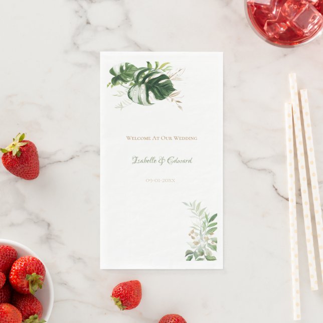 Serviette En Papier Aquarelle Tropical Vert & Or Feuilles Palm (En situation)