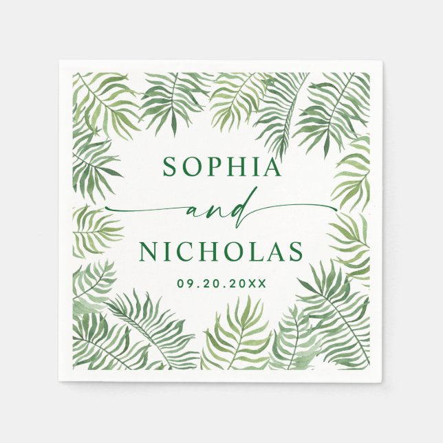 Serviette En Papier Aquarelle tropicale palme script mariage (Devant)