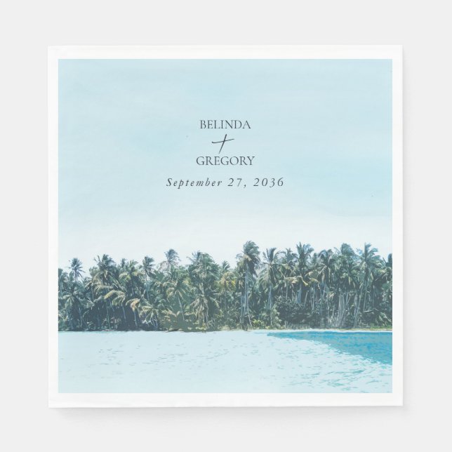 Serviette En Papier Aquarelle tropicale Palms & Mariage de plage (Devant)