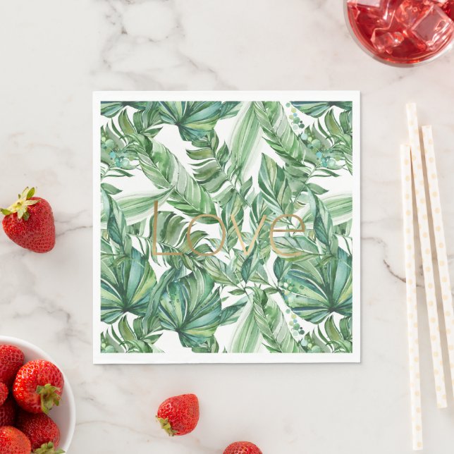 Serviette En Papier Aquarelle tropicale Vert Feuille Gold Love (mince) (En situation)