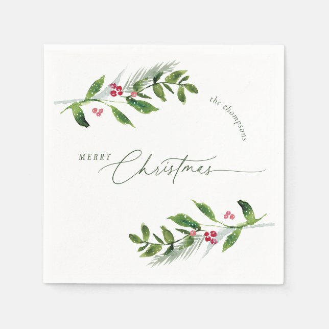 Serviette En Papier Aquarelle Végétation hivernale Noël moderne (Devant)
