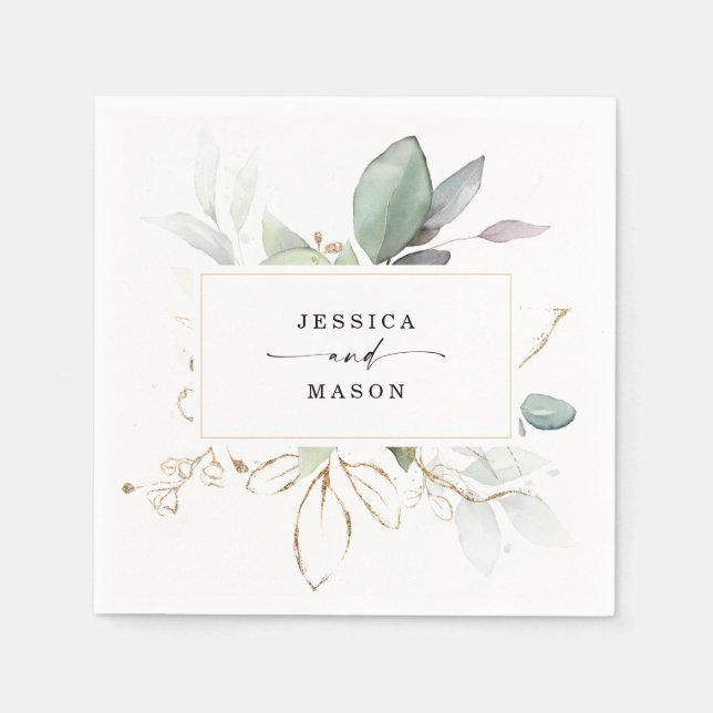 Serviette En Papier Aquarelle Verdure avec Mariage Sage et Or (Devant)