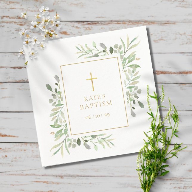 Serviette En Papier Aquarelle Verdure Baptême Christening (Créateur téléchargé)