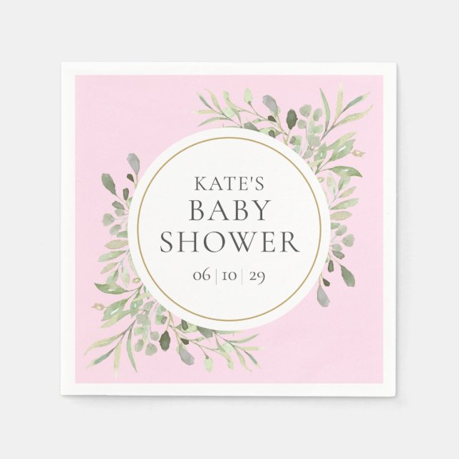 Serviette En Papier Aquarelle Verdure bébé fille rose Douche (Devant)