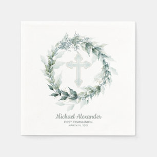 Serviette En Papier Aquarelle Verdure Croix Bleue Première communion
