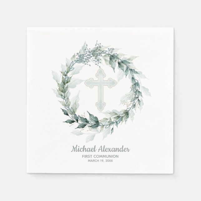Serviette En Papier Aquarelle Verdure Croix Bleue Première communion (Devant)