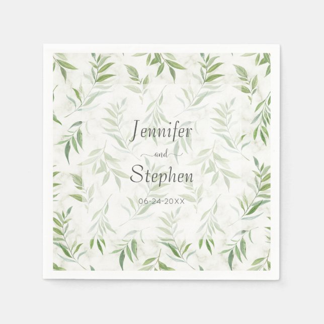 Serviette En Papier Aquarelle Verdure et Mariage en marbre (Devant)