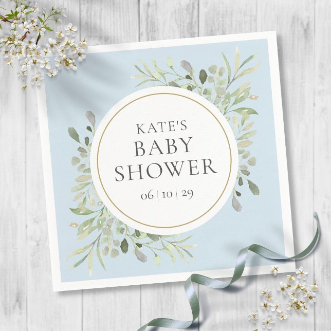 Serviette En Papier Aquarelle Verdure Garçon Baby shower bleu serviett (Watercolor Greenery Boy Blue Baby Shower Napkins)