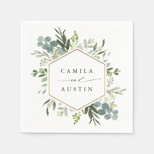 Serviette En Papier Aquarelle Verdure Or Hexagon Mariage Napkins (Devant)
