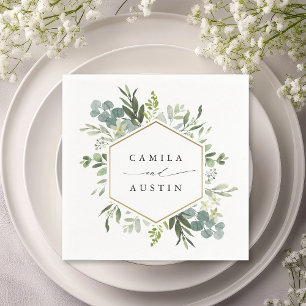 Serviette En Papier Aquarelle Verdure Or Hexagon Mariage Napkins