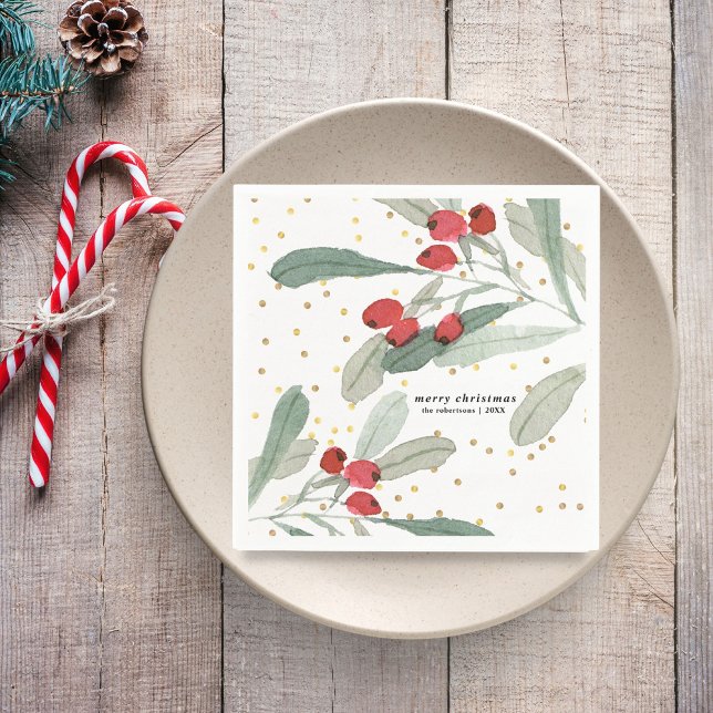 Serviette En Papier Aquarelle Vert Botanique Baies Rouges Personnalisé (Créateur téléchargé)