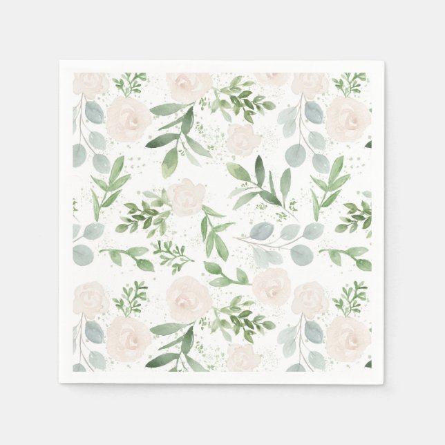 Serviette En Papier Aquarelle vert et fleurs blanches Motif (Devant)
