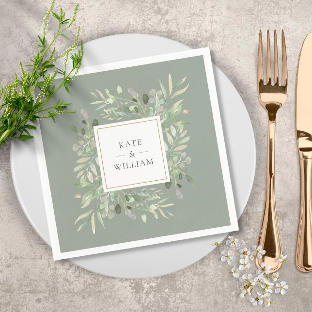 Serviette En Papier Aquarelle Vert Feuille Sage Vert (Créateur téléchargé)