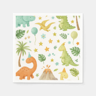 Serviette En Papier Aquarelle Vert Orange Dinosaure Motif Napkin