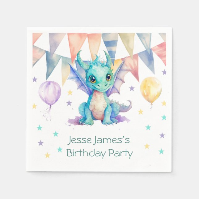 Serviette En Papier Aquarelle vert violet dragon garçon fête d'anniver (Devant)