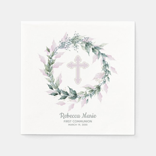 Serviette En Papier Aquarelle verte Croix rose première communion (Devant)
