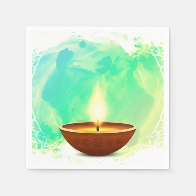 Serviette En Papier Aquarelle verte Diwali Diya moderne (Devant)