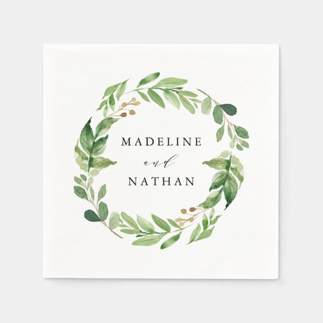 Serviette En Papier Aquarelle verte | Mariage personnalisé (Devant)