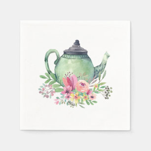 Serviette En Papier Aquarelle verte théière et florale