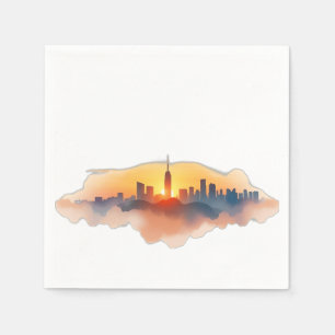 Serviette En Papier Aquarelle Ville Skyline au coucher du soleil