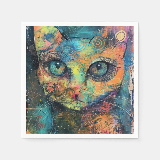 Serviette En Papier Aquarelle Vintage Chat Abstrait (10) (Devant)