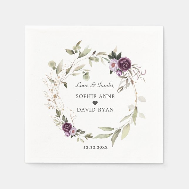Serviette En Papier Aquarelle violet Fleurs roses Mariage Feuille (Devant)