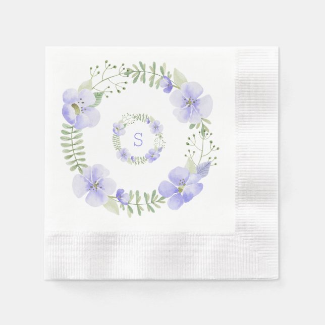 Serviette En Papier Aquarelle violet Floral Monogramme Élégant (Devant)