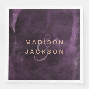 Serviette En Papier Aquarelle violet foncé Rose or Mariage Monogramme