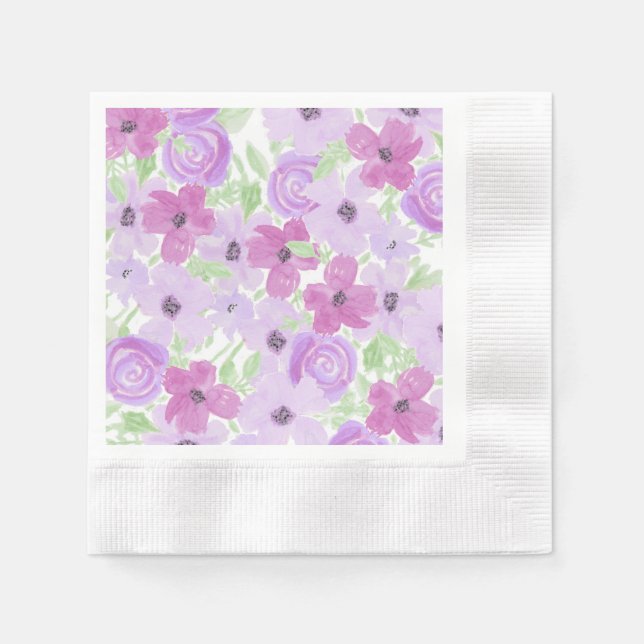 Serviette En Papier Aquarelle violette et vert Sage Floral (Devant)