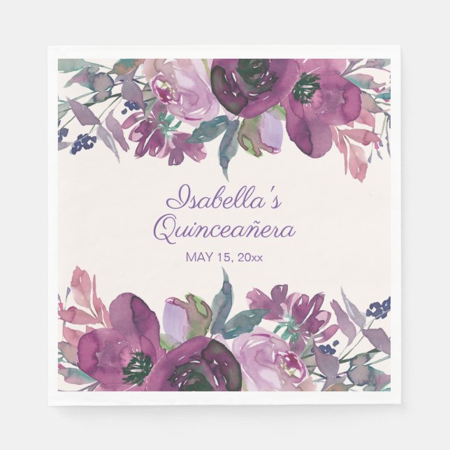 Serviette En Papier Aquarelle violette Floral Quinceañera Nom Date (Devant)