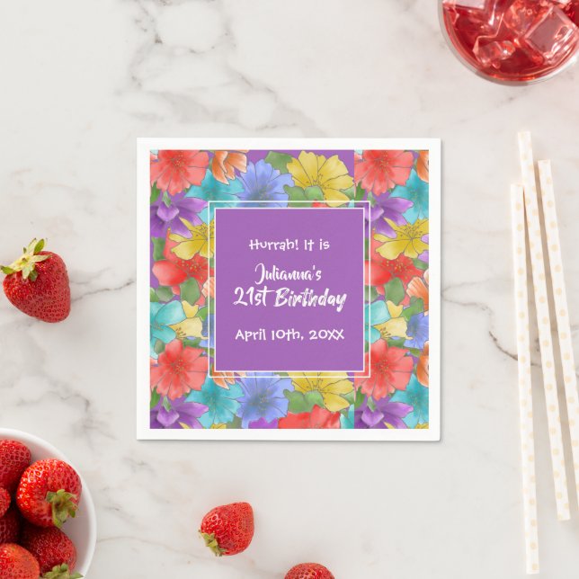 Serviette En Papier Aquarelle violette moderne Floral 21e anniversaire (En situation)