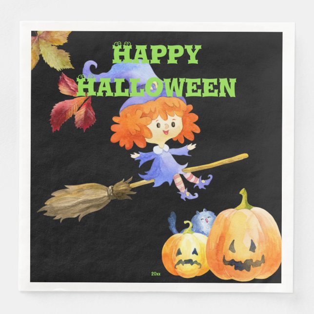 Serviette En Papier Aquarelle volante mignonne sorcière Halloween (Devant)