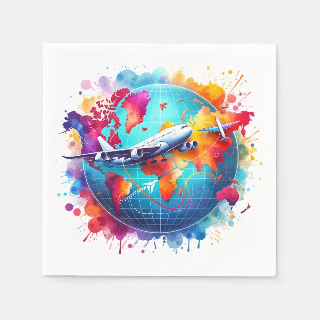 Serviette En Papier Aquarelle Voyageons dans le monde (Devant)