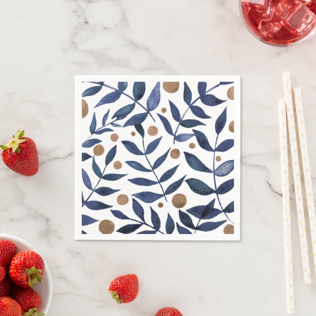 Serviette En Papier Aquarelles et baies - indigo et beige (En situation)