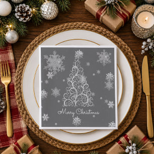 Serviette en papier Arbre de Noël argenté et floco