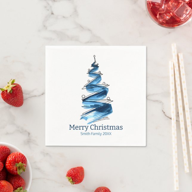 Serviette En Papier Arbre de Noël bleu Aquarelle (En situation)