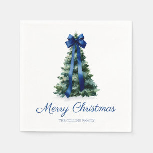 Serviette En Papier Arbre de Noël élégant aquarelle ruban bleu