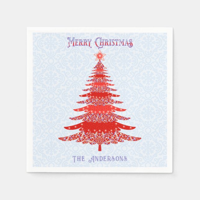 Serviette En Papier Arbre de Noël moderne bleu rouge Personnalisé (Devant)