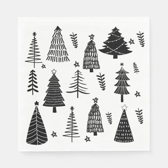 Serviette En Papier Arbre de Noël noir et blanc moderne (Devant)