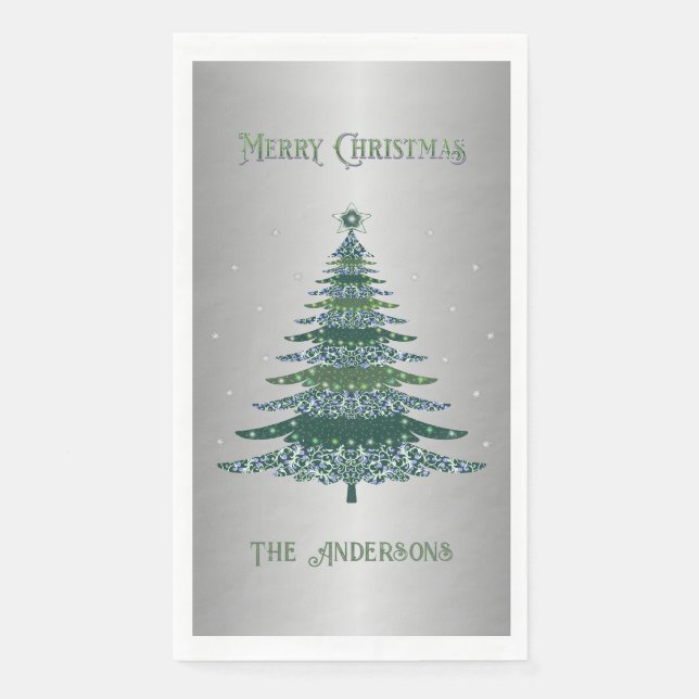 Serviette En Papier Arbre de Noël vert Nom personnalisé Argent (Devant)