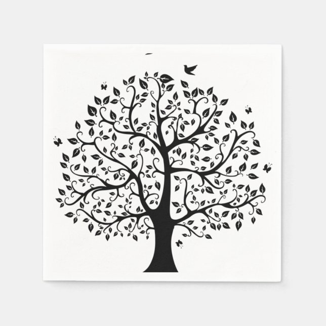 Serviette En Papier Arbre de vie noir et blanc Papier de vie Napkin (Devant)