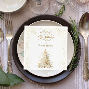 Serviette En Papier Arbre doré neige blanche écriture déjeuner de Noël